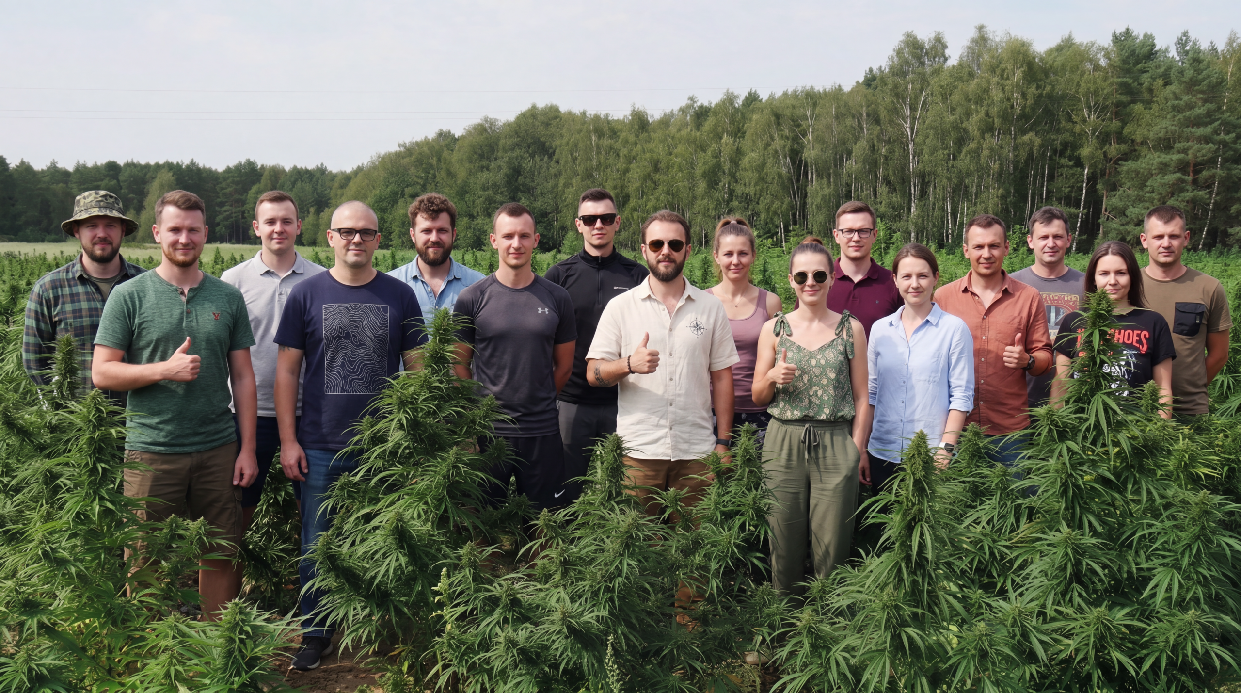 Uczestnicy stoją wśród roślin konopi podczas wizyty terenowej na plantacji.